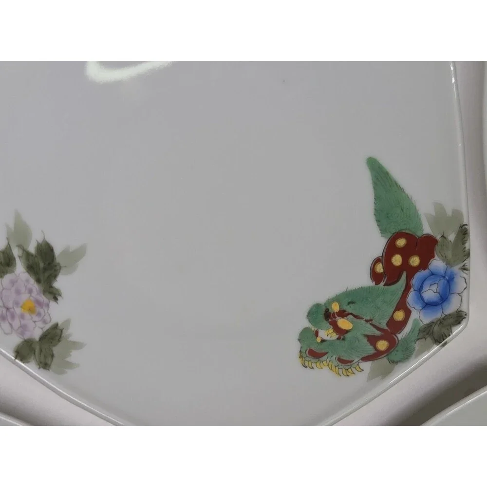 Set Of 5 Hexagonal Plates Hand Painted Foo Dogs Dragons Floral 7.25